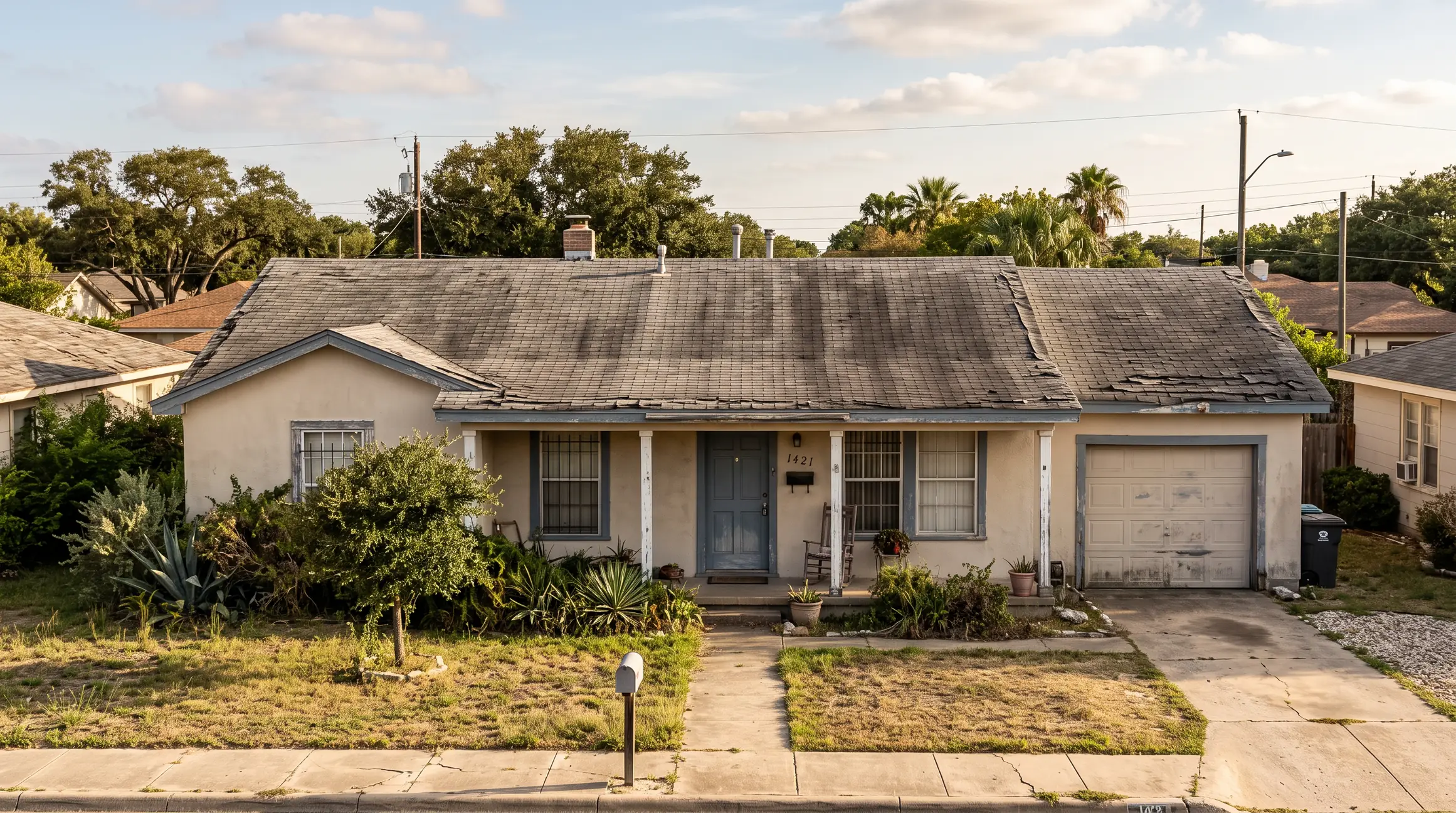Before: aged, curling shingle roof on a Corpus Christi home