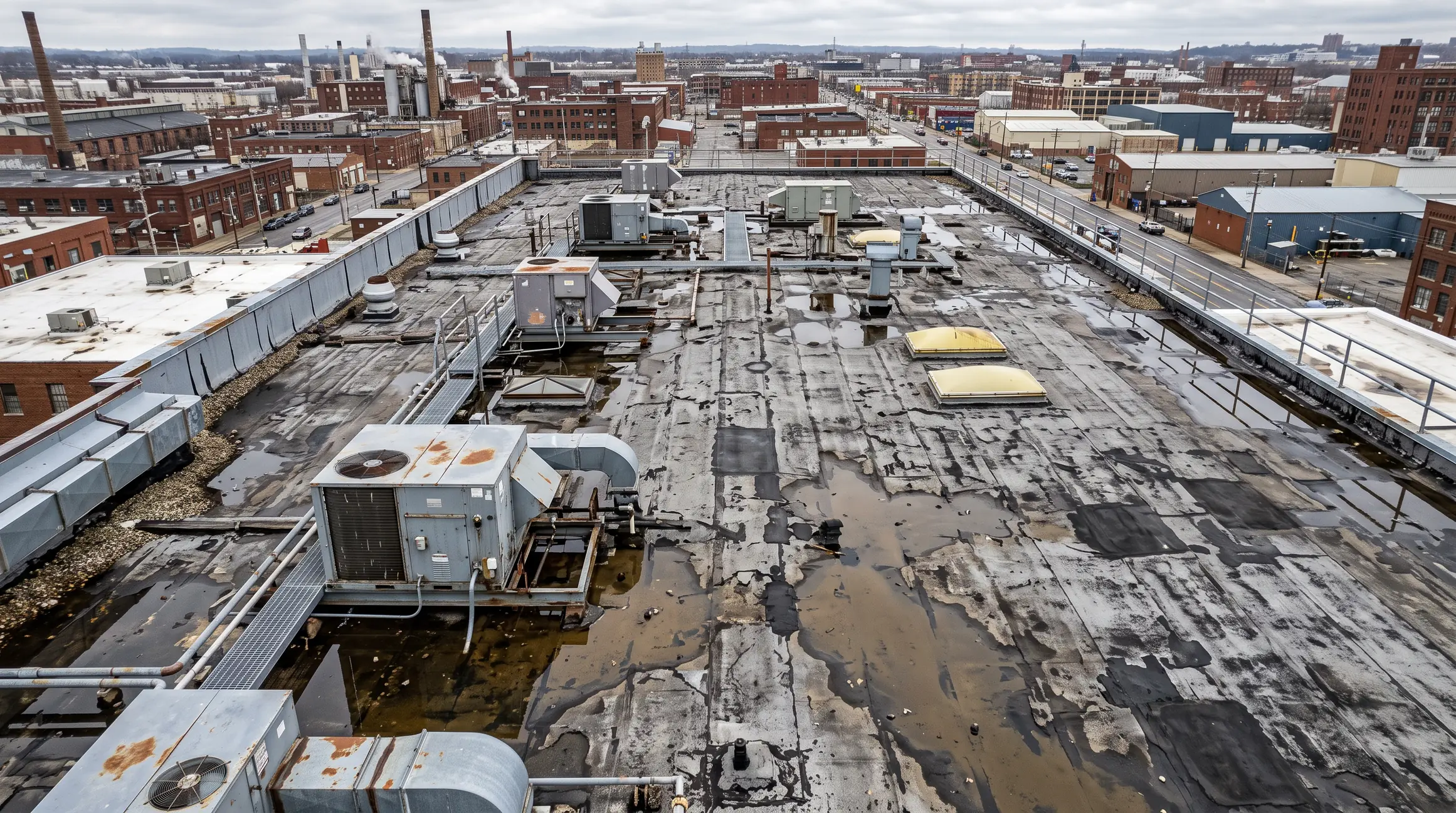 Before: cracked, ponding flat roof on a commercial building