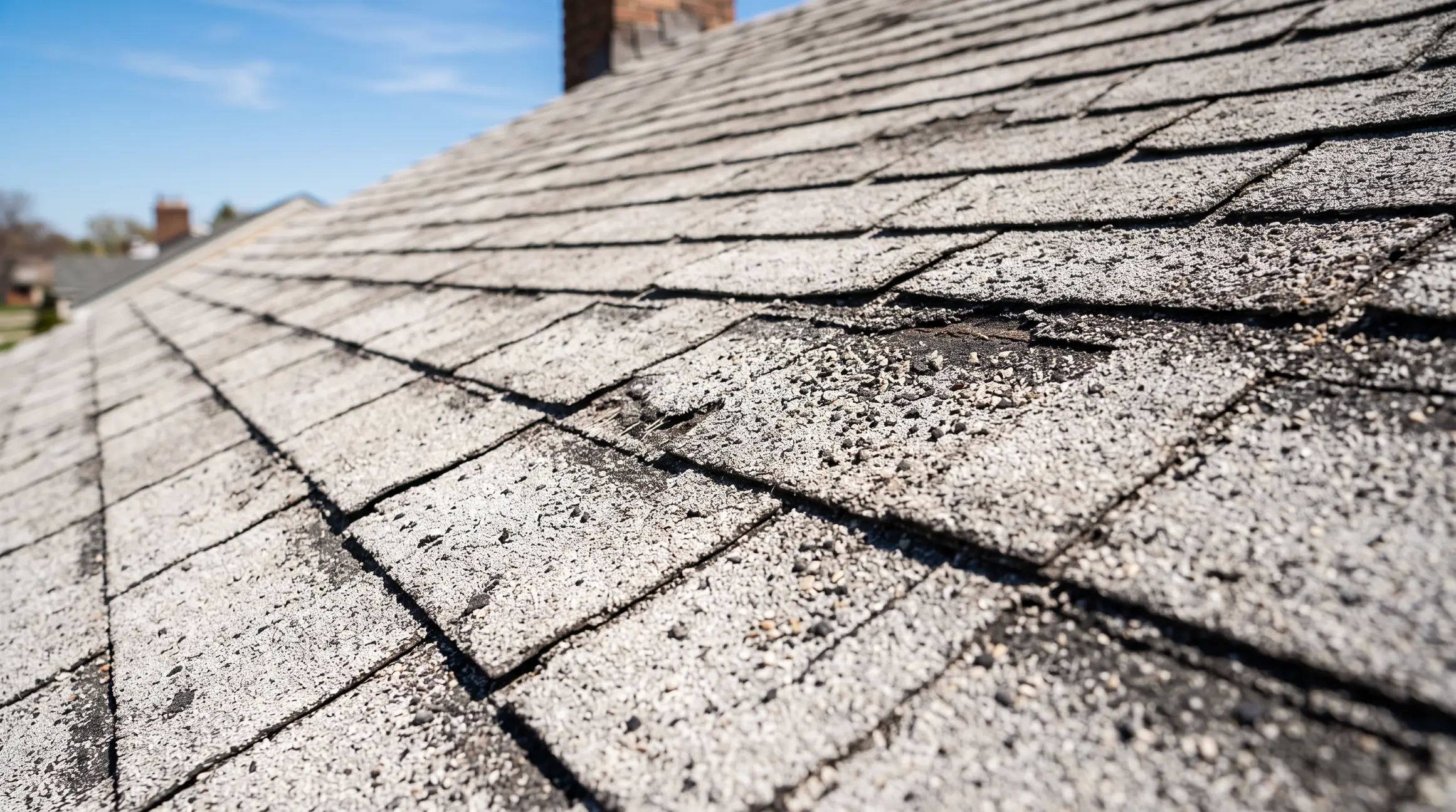 Before: faded, dry asphalt shingles losing granules