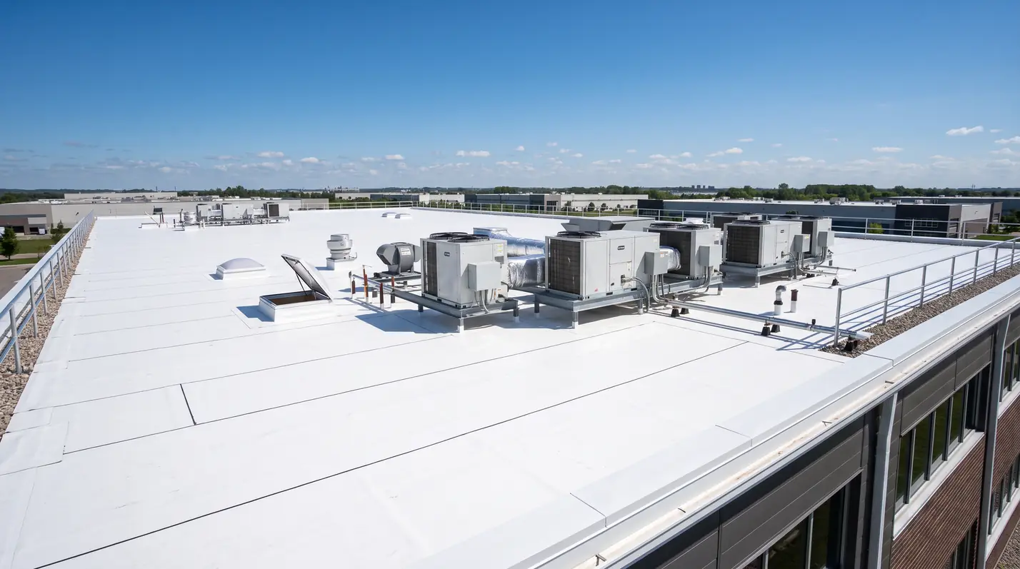 Bright white TPO roof on a commercial building
