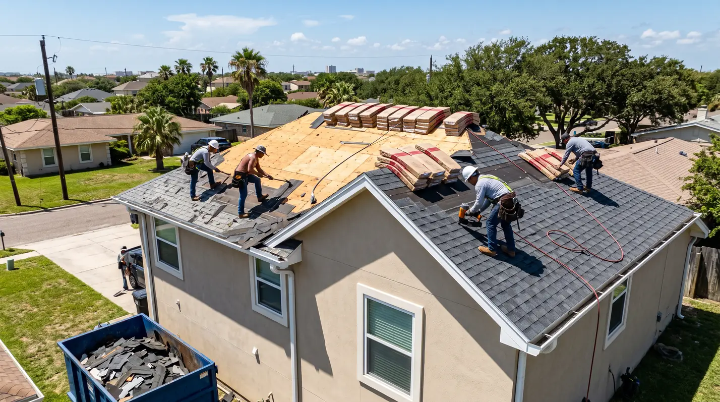 Crew installing a new roof on a Corpus Christi home