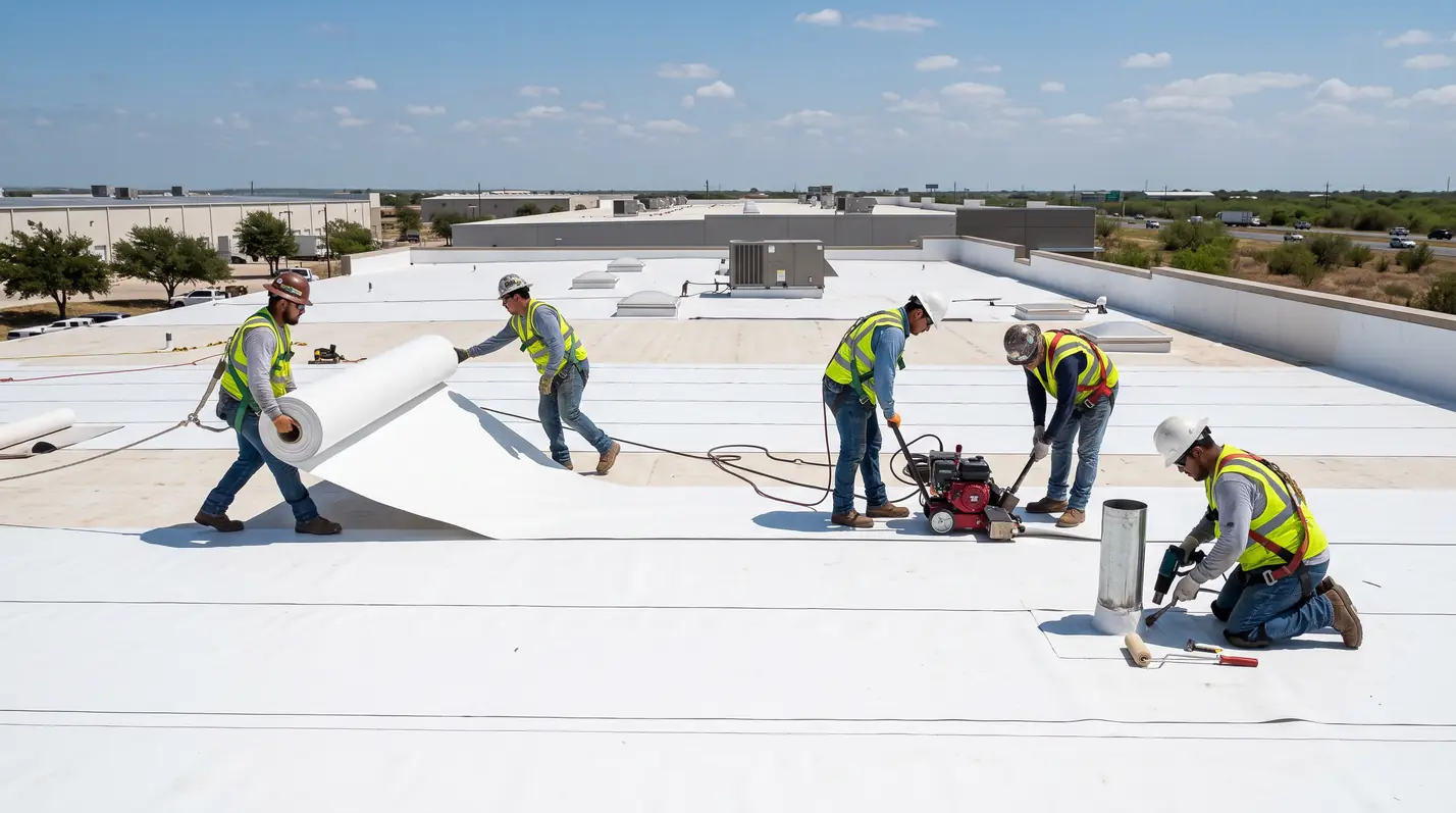 Crew installing a white TPO roof membrane