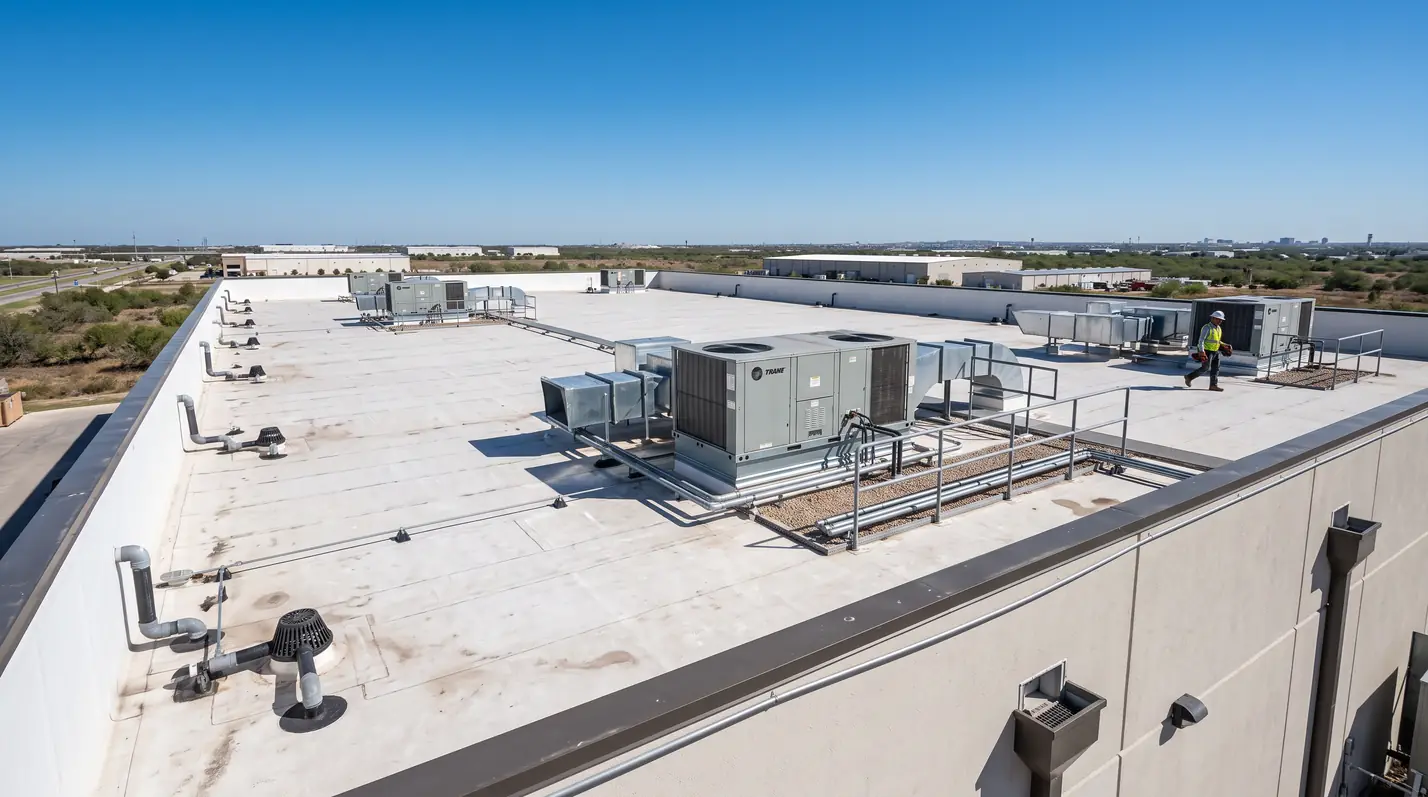 Flat commercial roof with drains and HVAC units