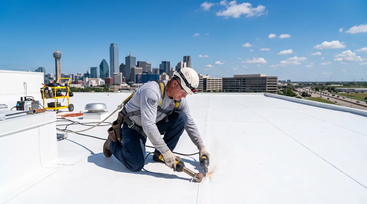 Heat-welding a seam on a white TPO roof