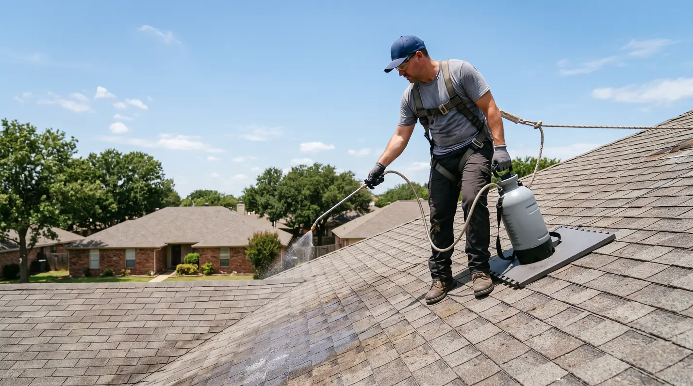 Rejuvenation treatment being sprayed on asphalt shingles