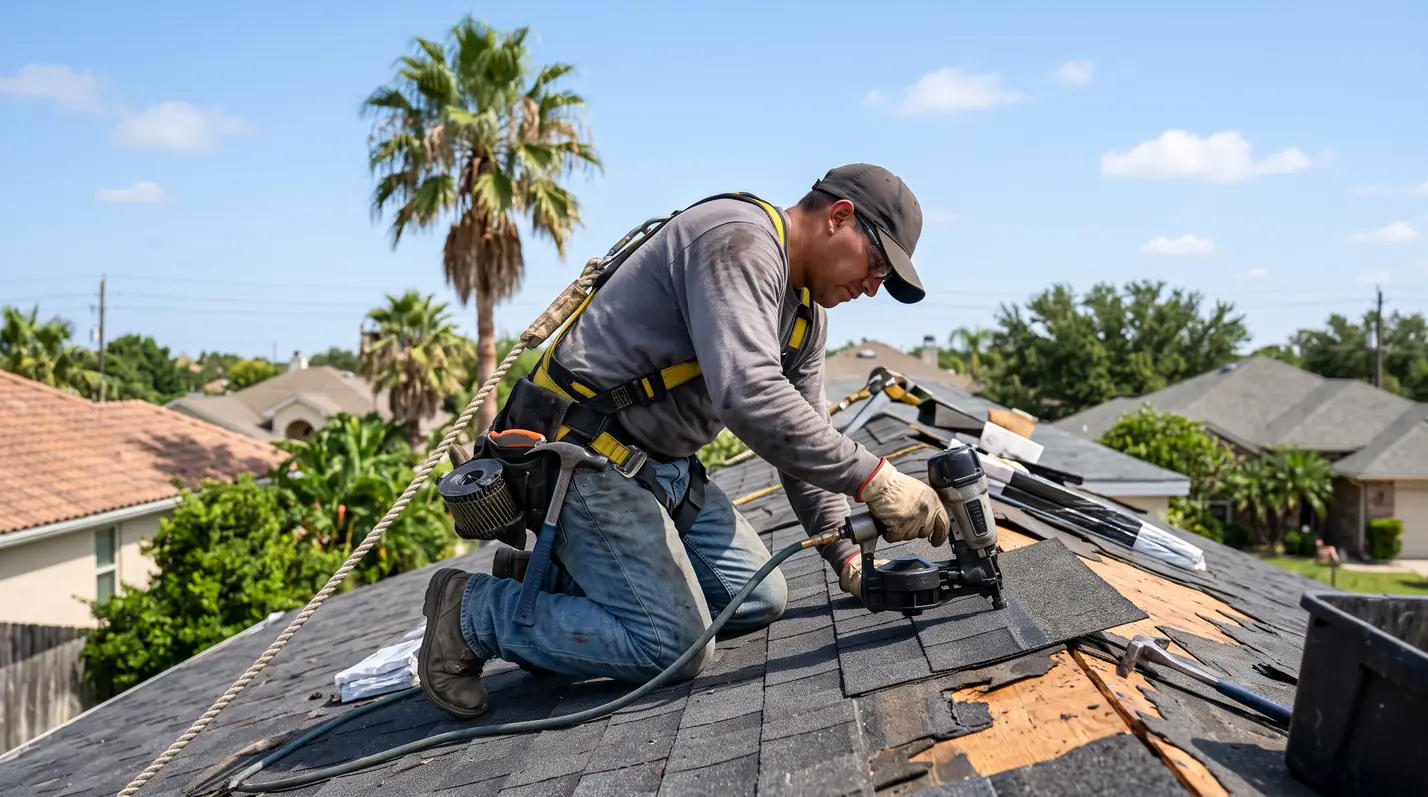 Roofer repairing shingles on a Corpus Christi home